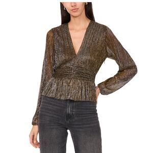 Parker Olivia Metallic Stripe V Neck Top Large Sheer Long Sleeve Peplum Festive